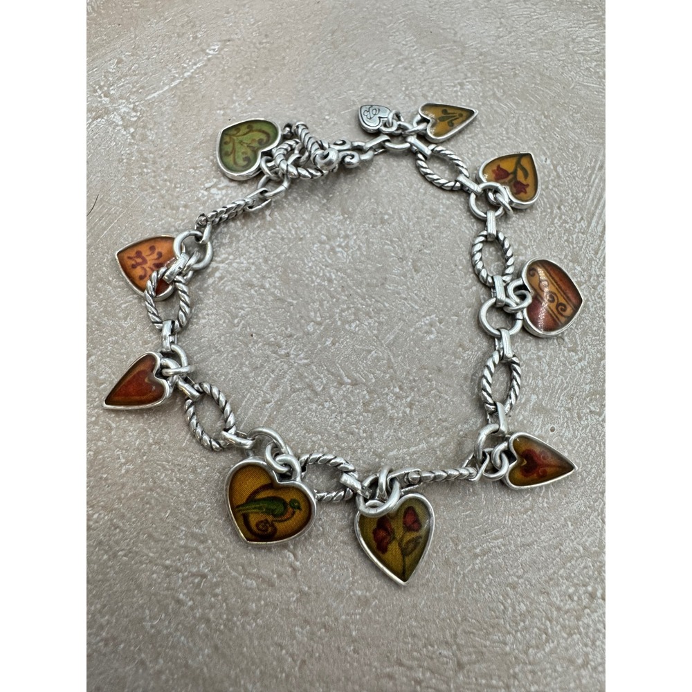 Brighton Silver Tone Picadilly Heart Charm Bracelet Inspiring Toggle 8 Inch